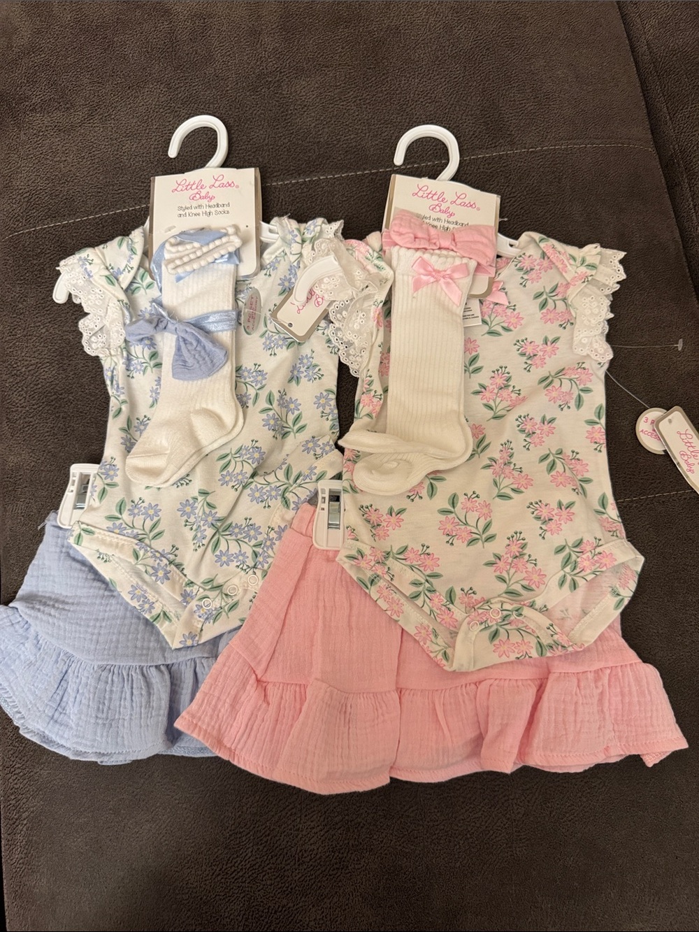 Little Lass Floral Ruffle Bodysuit Set with Blue and Pink Skirts